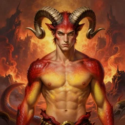 portrait of a beautiful young fit male demon with ram horns, scaly snake like body, hellish scene, by greg rutkowski and alphonse mucha, d & d character, gradient red to yellow, in front of an hellish landscape background, highly detailed portrait, digital painting, artstation, concept art, smooth, sharp focus ilustration, artstation hq