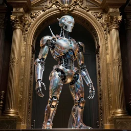 vibrant ultra clear sideview waist up portrait of cybernetic!!! symmetry gate cyborg!! robot! by laurie greasley rene magritte gustave dore, low contrast, cinematic dramatic lighting, hyper realistic detailed intricate render, hypermaximalist, ornate, epic composition, 4 k 8 k, octane blender, sharp focus, concept art, masterpiece award