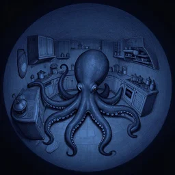 dark palette, fisheye spiral lines, naive, extra narrow, detailed illustration of a kitchen, large floor, octopus shaped by rhads from lorax movie, trending artstation, dark blue