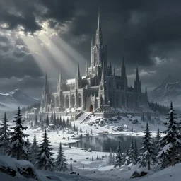 star wars concept art by greg rutkowski, a neogothic city in the middle of a snowy forest landscape and near a lake, dark clouds, scarce rays of sunlight, enigmatic atmosphere, artstation hq.