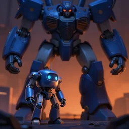 small robot vs giant robot, dark fantasy, extremely detailed, sharp focus, smooth, matte painting, blue orange chiaroscuro, trending on artstation