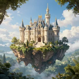 a levitating fantasy island, on the island is a huge beautiful rococo castle within a magic forest, blue sky with fluffy clouds, cinematic lighting fantasy elegant hyperdetailed artstation, panorama