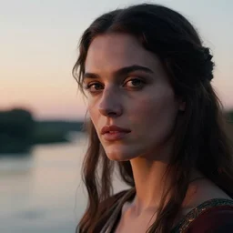 closeup photographic portrait of a stunningly beautiful renaissance female shaman priestess in soft dreamy light at sunset, beside the river, soft focus, contemporary fashion shoot, hasselblad nikon, in a denis villeneuve movie, by edward robert hughes, annie leibovitz and steve mccurry, david lazar, jimmy nelsson, hyperrealistic, perfect face