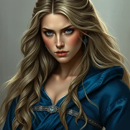 portrait of young salma hayek as a surly and determined beautiful medieval sorceress with very long blonde hair, clothed in blue satin robe and silver metal belt, neutral expression, intricate, elegant, highly detailed, digital painting, artstation, concept art, matte, sharp focus, illustration, art by artgerm and greg rutkowski and alphonse mucha, sharp focus, smooth