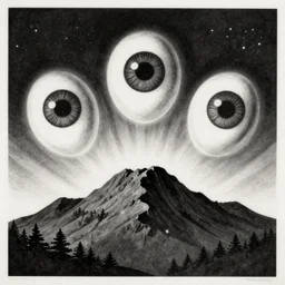 a drawing of three huge eyes floating over a mountain, black and white, vintage poster, film grain