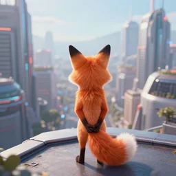 an anthropomorphic fox, holding her hands together behind her back staring over a futuristic city from the top of a roof, wide shot, over the shoulder shot, highly coherent, trending on artstation