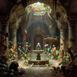 interior view asimov ancient underground dungeon flora fauna fountain by syd mead, frank frazetta, ken kelly, simon bisley, richard corben, william - adolphe bouguereau