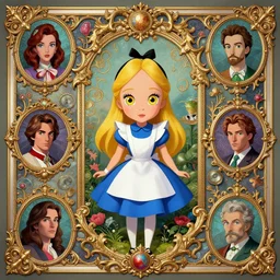 poster design of alice in wonderland, rococo and baroque style deco, 8 k, hd, trending on artstation, by moebius and artgrem, ross tran, by wally wood and studio ghibli, by ernst haeckel, highly detailed league of legends cute character portrait - point of eyes, in gta v, stephen bliss, unreal engine, fantasy art by greg rutkowski, lo