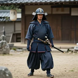 a samurai arriving home after a long day of work