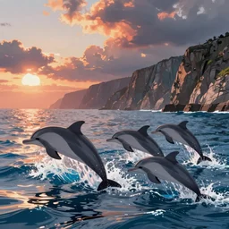 epic dolphins jumping out of the water, anime landscape wallpaper, rough waves simulated crystal clear waves, ocean cliff side, sunset clouds