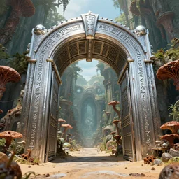 a colossal chrome gate inscribed with runes, opens up to a wide passage of jungles, retrofuturistic, science fantasy, rusted, fungal polyps, salt dunes, mutant, lgbt, queer, rpg, epic, dungeons & dragons, sacred, sharp focus, award - winning, extremely detailed, 4 k, 8 k