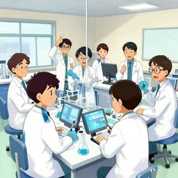 cartoon of lab science students at internship, manga style