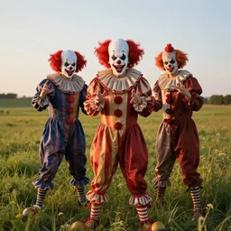 bloodthirsty clowns in a meadow at golden hour