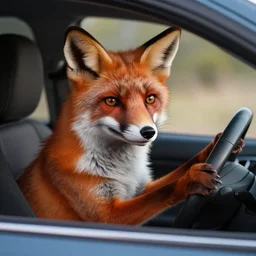 a fox driving a car in the drivers seat with paws on the steering wheel, portrait, fantasy, beautiful face, vivid colors, elegant, concept art, sharp focus, digital art, Hyper-realistic, 4K, Unreal Engine, Highly Detailed, HD, Dramatic Lighting by Brom, trending on Artstation