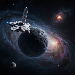 futuristic spaceship escaping event horizon of black hole, dystopian sci - fi, by rossdraws, by marc simonetti, by matt rutkowski, sci - fi, distant twinkling stars, nebula, supernova, exploding galaxy, micro detail, octane render, physically based rendering, insane details, photorealism, 8 k, cgsociety