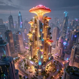 a single centered magnificent mushroom skyscraper hotel mall, heavily populated and full of life, bioluminescent solarpunk city, unreal engine 5, immense sense of scale, digital art by beeple, trending on artstation