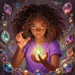 [ hazel levesque ] a dark skinned [ fourteen year old ] black girl with curly brown hair and amber eyes, a powerful sorceress using her magic, surrounded by jewels, adorable yet incredibly powerful and awe inspiring, wearing a [ purple t - shirt ], art by artgerm and greg rutkowski and alphonse mucha