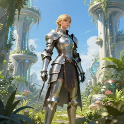 detailed female knight errant in a high tech botanical world with blue skies| pristine metals, glass and plants | solarpunk | artstation | high detail | Wayne Reynolds, Vincent Callebaut