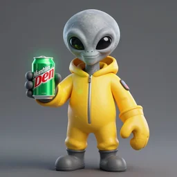 a stereotypical gray alien in a yellow hazmat suit handling a glowing can of mountain dew with oversized gloves