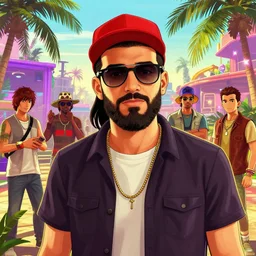 tropical party rave, young ducktail bearded middle eastern american man wearing wayfarer glasses and red cap beautiful picture and scenery, gta 5 comics, official fanart behance hd artstation by jesper ejsing, by rhads, makoto shinkai and lois van baarle, ilya kuvshinov, ossdraws, that looks like it is from borderlands and by feng zhu and