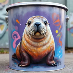 cute walrus as graffiti art on a paint bucket by lee, spray paint, masterpiece, centered, trending on artstation