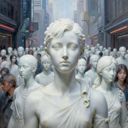 crowd of people made of white marble, porcelain, exterior cyberpunk city street portrait face, caustics, light rays, in the style of matt murphy, enes dirig, jeremy enecio, intricate, miles johnston, monet, cynical realism, john william godward, painterly, yoshitaka amano, miles johnston, louise zhang, matt murphy, enes dirig, pekka halonen, finnish naturalism, realism