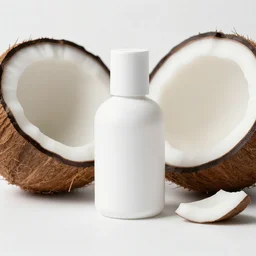centered white perfume bottle next to halved - coconuts, with white crisp zen modern minimalist bacgkround, illumination lighting, sharp focus, vogue, hartper's bazaar