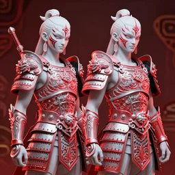 albino maiko in a ornated armor war paint twins, fluent composition, red and white neon, concept art, ambient light, 4 k, intricate details, highly professionally detailed, cgsociety, highly detailed -
