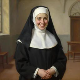 daily life portrait of a beaming nun inside a convent. highly detailed painting. art by artgerm and greg rutkowski