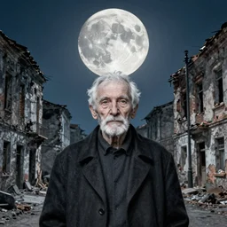 old white - headed man under the huge moon on a street of ruined city by beksinski