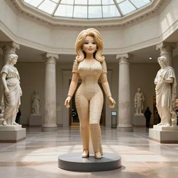 a polymer sculpture of Dolly Parton in a museum rotunda, surrounded by ancient Greek statues, soft sunlight dappling on the hallway, architectural, HD award-winning photo