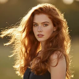 beautiful redhead girl in golden glow with hair flowing in the wind