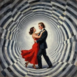 optical illusion painting of a couple dancing in a worm hole, illusionism, look twice, mind blow, by damien gilley and salvador dali, detailed