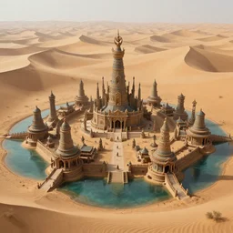 an ancient sacred religious tribal warrior spirit village built on water isolated and surrounded by a vast sand desert with many tall sand dunes, digital painting, trending on art station, highly detailed, intricate, matte painting, diffuse lighting, art by craig mullins, greg rutkowski, octane render, 8 k, unreal engine