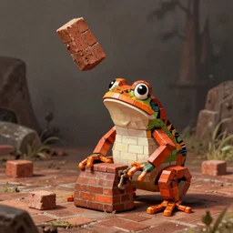 brick frog throwing a brick from his brick bag, digital painting, matte finish
