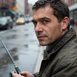 closeup portrait of a man fishing in a puddle rainy new york street, by David Lazar, natural light, detailed face, CANON Eos C300, ƒ1.8, 35mm, 8K, medium-format print