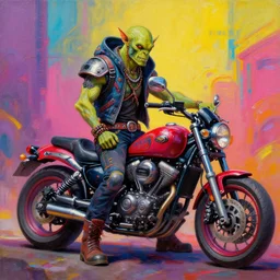 a scifi post apocalyptic orcish biker posing next to a motorcycle, psychedelic vibrant colors, futuristic punk rock fashion, oil painting by michael whelan art, sharp focus, realistic, highly detailed, 8 k