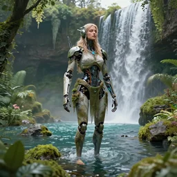 beautiful digital fantasy illustration of a robot in a garden, a full body portrait of a beautiful post apocalyptic offworld neoicelandic biofarmer swimming by the waterfalls, cinematic, hyper realism, high detail, octane render, unreal engine, 8 k, surreal, beautiful, insane detailed, highly detailed, soft lighting, rendered in octane, masterpiece, very very very aesthetic