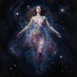 a giant woman floating among the stars. she is made of galaxies and nebula and a million sparkling stars. dramatic light and dark. enraptured expression. beautiful well composed painting with detailed face by ilya kuvshinov and artgerm and greg rutkowski and alphonse mucha.