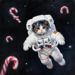 painting of astronaut cat in space, candy canes in space, candy cane asteroid belt, candy canes flying in space, cat in astronaut suit in space