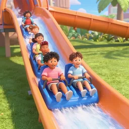 a Still from a pixar movie of kids coming down a waterslide
