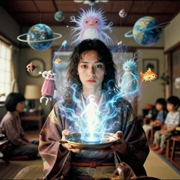 movie still by alejandro jodorowsky of a beautiful day in a family living room in kyoto japan, visible magic energy, dream creature costumes, floating planets, fish, parade floats, cinestill 8 0 0 t eastmancolor technicolor, high quality, very detailed, heavy grain, fine facial features, 8 k, octane render