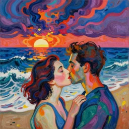 close view of woman and man kissing. seaside with tall waves, sun setting through the storm clouds. iridescent, vivid psychedelic colors. painting by agnes pelton, egon schiele, henri de toulouse - lautrec, utamaro, matisse, monet