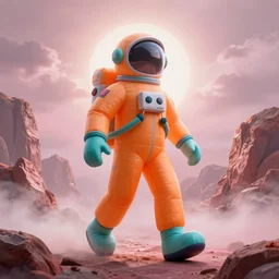 a tall giant slender inflatable astronaut figure with an orange and teal suit, striding across a pink misty rocky landscape