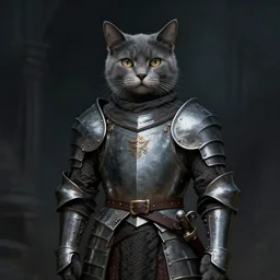 handsome old grey catwearing medieval suit of armor, illustration, concept art, art by wlop, dark, moody, dramatic