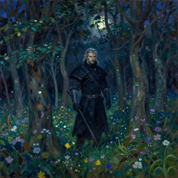 painterly dreamy forest with trees, flowers and midnight sky by Mikhail Vrubel, dark fantasy, witcher, oil painting, masterpiece