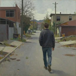 oil painting of a man wandering the abandoned streets of an overgrown city, edward hopper.