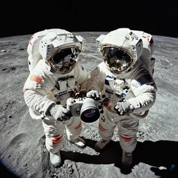 two astronauts on the moon looking down at the camera, fish-eye lens, 15mm