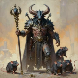 painting of great seer skaven holding a staff, prophet of the great horned rat chaos god, vermintide, zdzislaw beksinski, lewis jones, dariusz zawadzki, wayne barlow, warhammer, cold hue's, warm tone gradient background, concept art, rat human anatomy