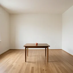 A happy 10ft by 10ft room empty except for a table in the middle of the room with an apple on the table, table is centered